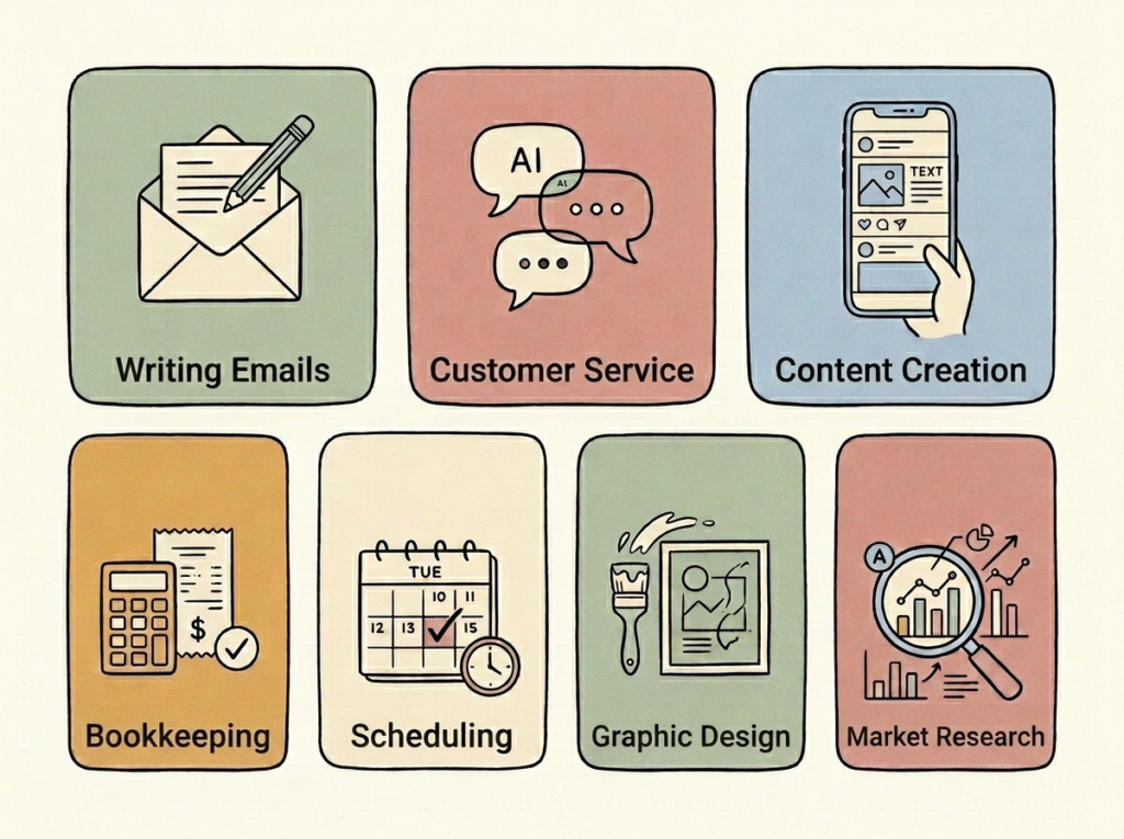 Grid of seven icons illustrating common ways small businesses use AI, including email, customer service, scheduling, and design.
