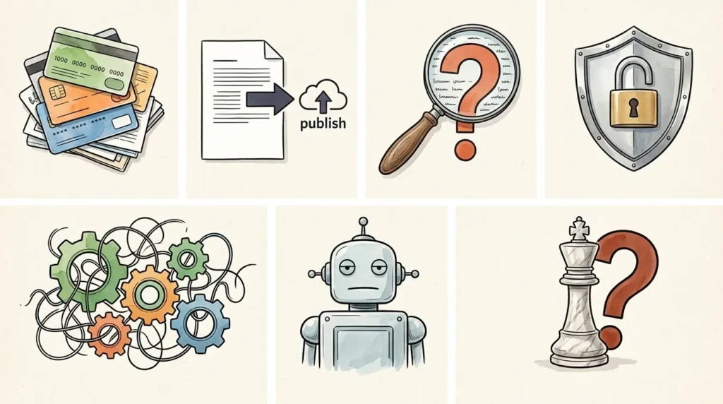 Visual overview of the 7 most common small business AI mistakes including subscription waste, unedited content, and privacy issues.