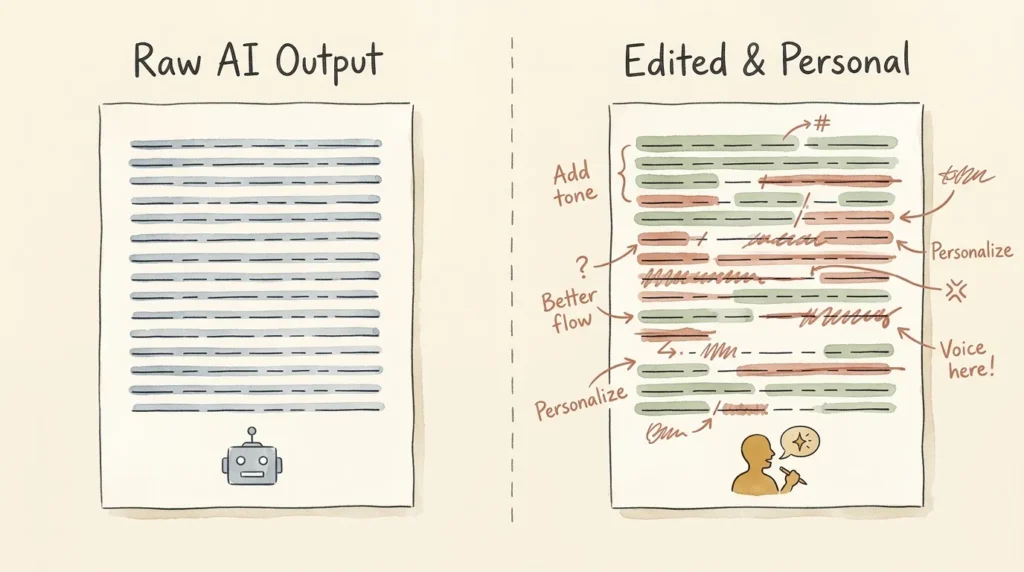 Side-by-side comparison illustration of raw AI-generated content versus edited and personalized content with a small business owner's authentic voice.