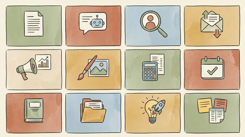 Grid of 12 ways AI helps one-person business owners run marketing, customer service, sales, scheduling, and operations solo.