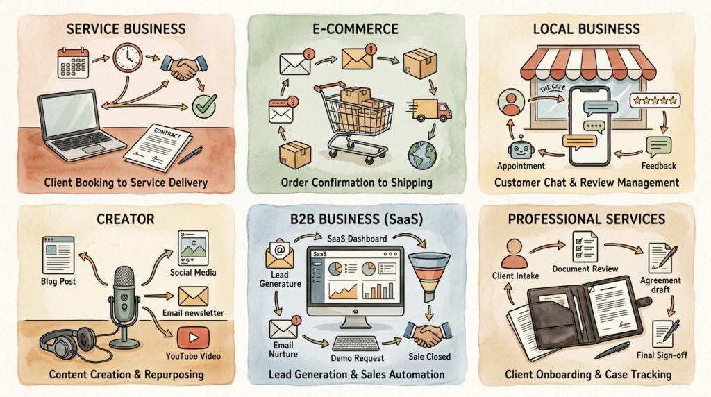 Six illustrated examples of AI automation workflows by business type, from service businesses and ecommerce to local shops and SaaS.