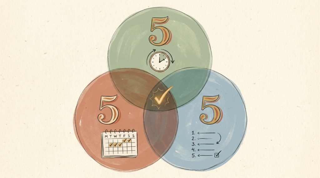 Visual illustration of the 5-5-5 rule for identifying tasks worth automating: 5 minutes, 5 times per week, 5 predictable steps.