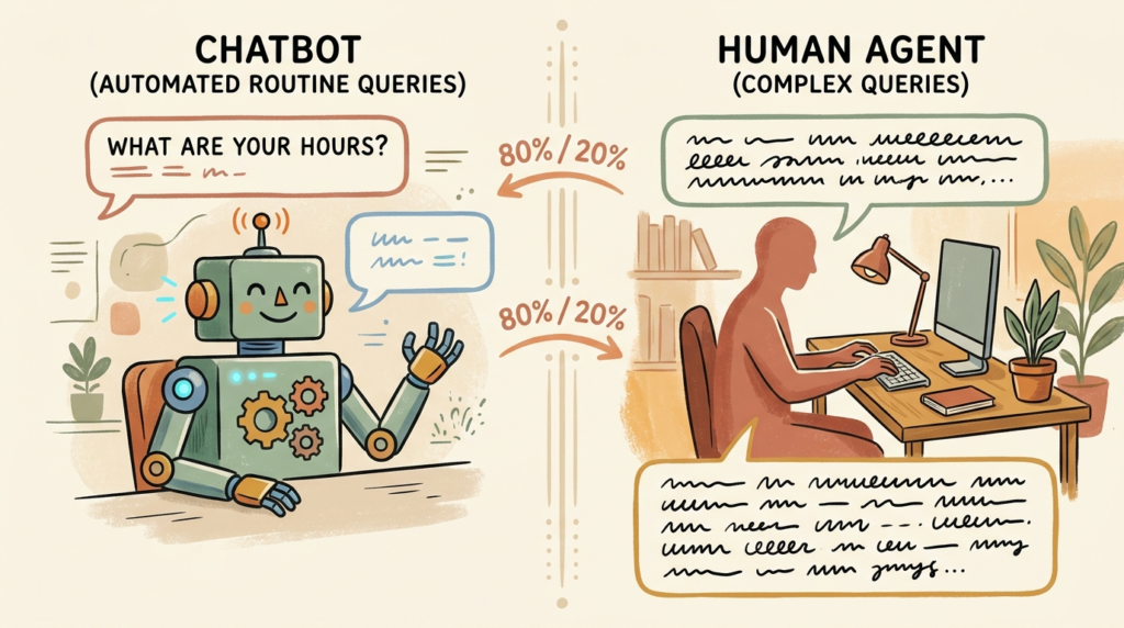 Illustration of an AI chatbot handling routine customer questions while a human support agent handles complex cases.
