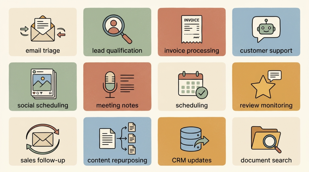 Grid of 12 AI automation workflows for small business, including email triage, lead qualification, invoicing, customer service, and content repurposing.