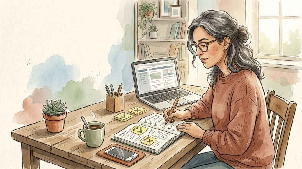Small business owner reviewing their AI workflow at a desk, identifying common small business AI mistakes that cost time and money.