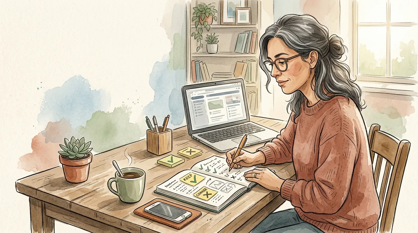 Small business owner reviewing their AI workflow at a desk, identifying common small business AI mistakes that cost time and money.