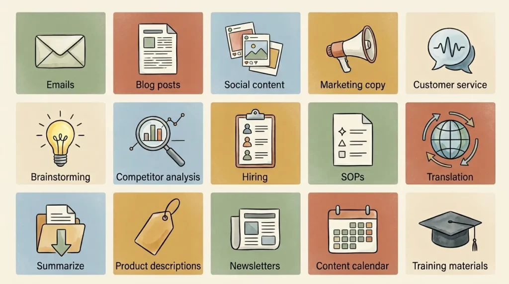 Grid of 15 ways to use ChatGPT for small business including emails, blog posts, social media, customer service, and content repurposing.
