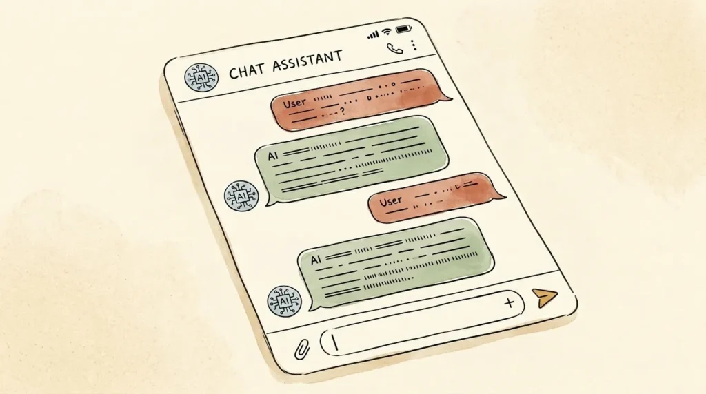 Illustrated example of a ChatGPT conversation showing a small business owner asking a question and receiving a helpful response.