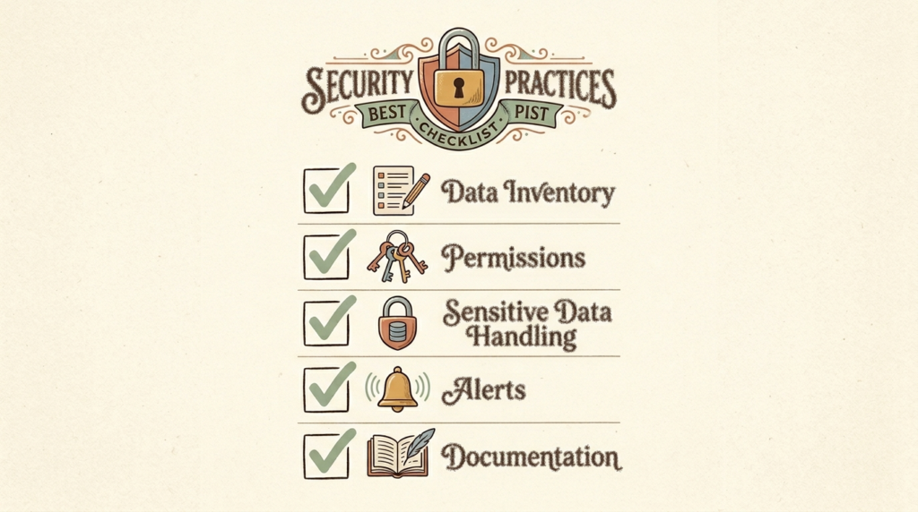 Five-point security checklist illustration for AI automation in small business, covering permissions, data flow, alerts, and documentation.
