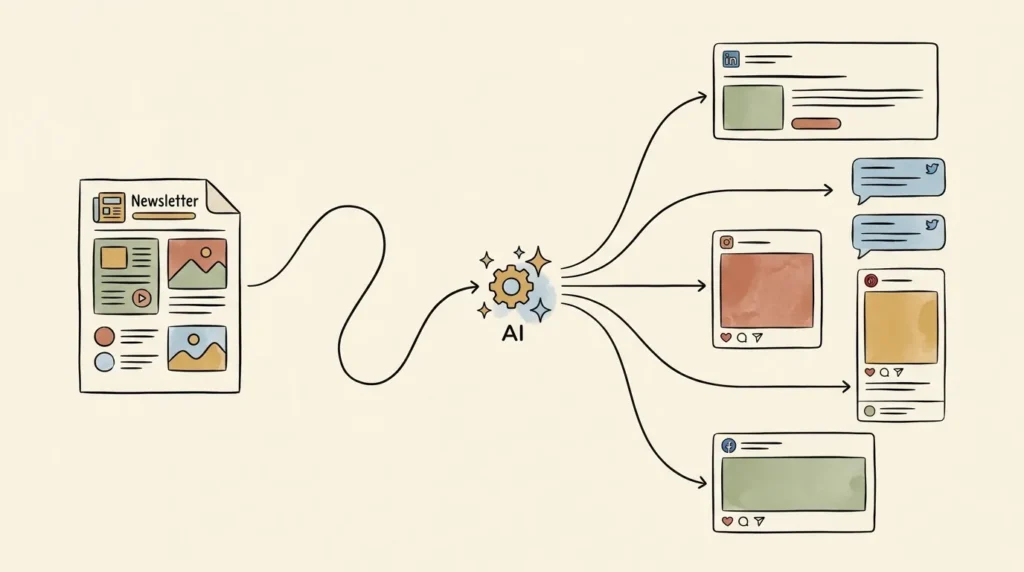 Illustration showing how one piece of content is repurposed into multiple social media posts using AI for solopreneurs.