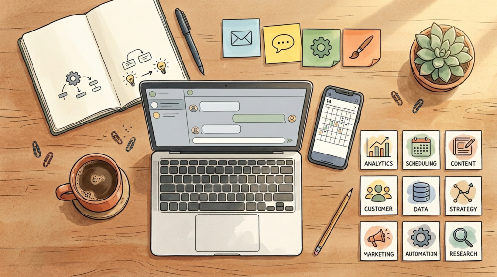 Visual collection of the best AI tools for small business in 2026, including writing, design, automation, and productivity tools.
