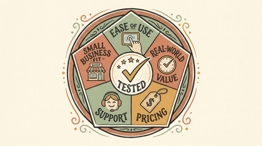Five-point evaluation criteria used to rank the best AI tools for small business: ease of use, value, pricing, support, and small business fit.
