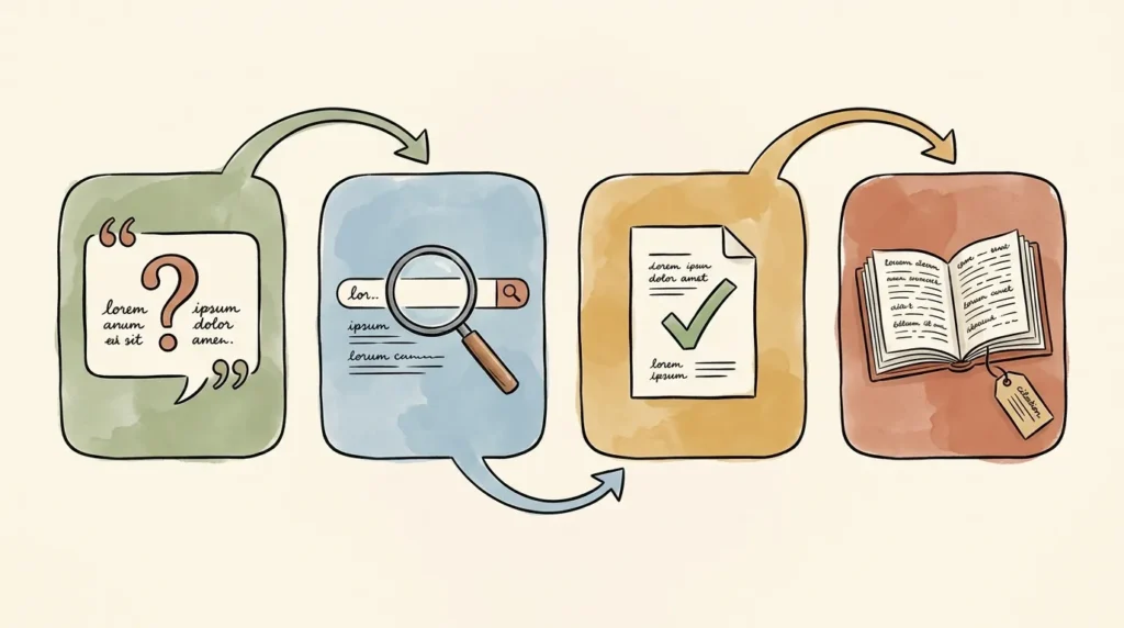 Four-step illustration showing the fact-checking workflow for AI-generated content: claim, search, confirm with original source, cite.