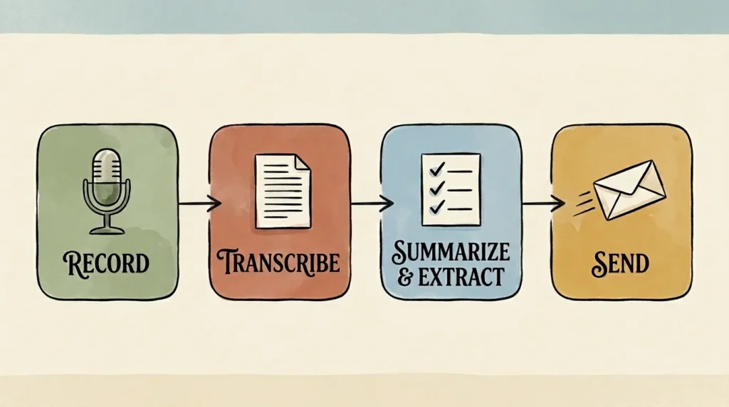 Four-step illustration showing how AI transcribes meetings, extracts action items, and sends summaries automatically for solopreneurs.