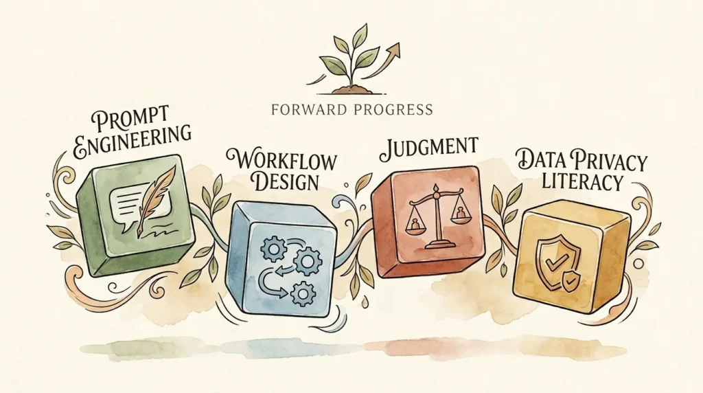Illustration of future-proof skills for one-person business owners using AI in 2026 and beyond, including prompt engineering and workflow design.