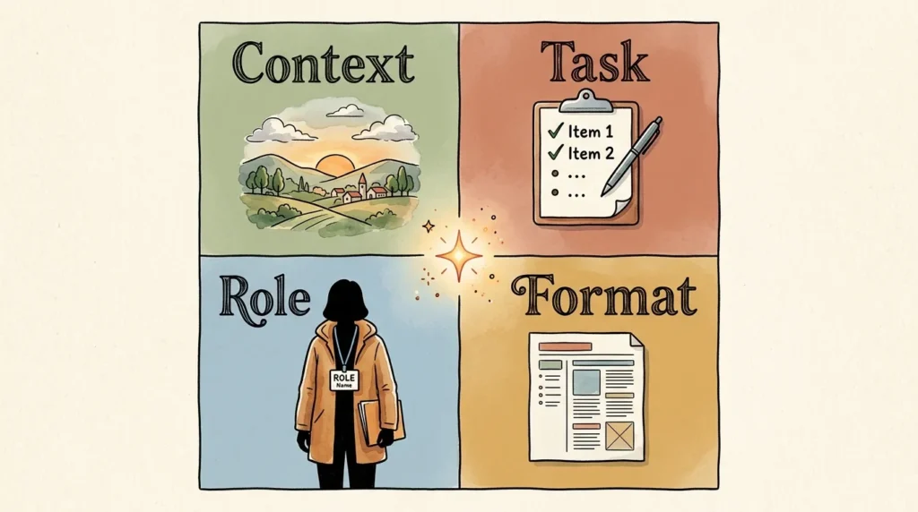 Illustrated CTRF prompt framework for ChatGPT showing the four key components: Context, Task, Role, and Format.