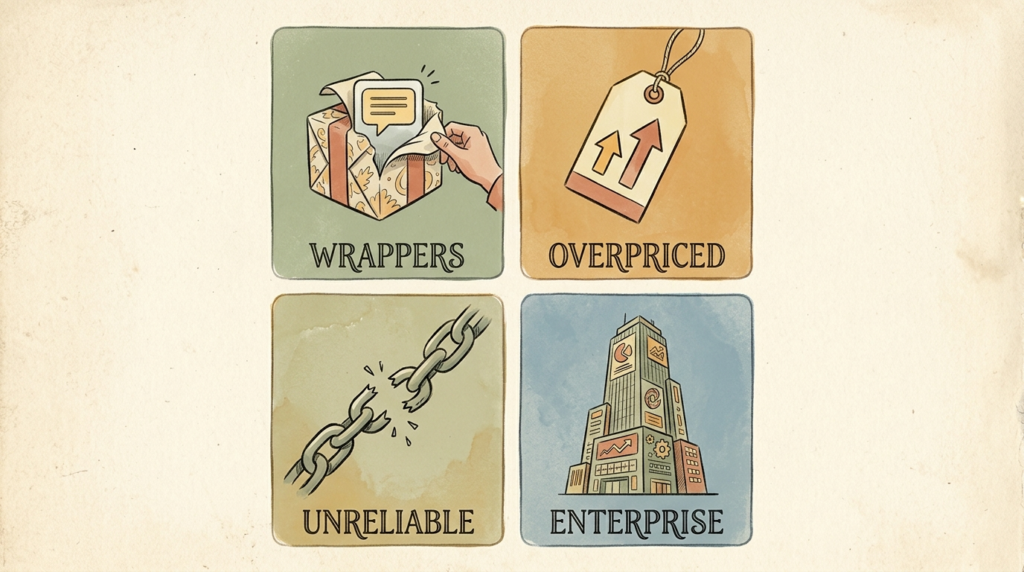 Illustration showing four categories of AI tools to avoid for small business, including overpriced wrappers and unreliable platforms.