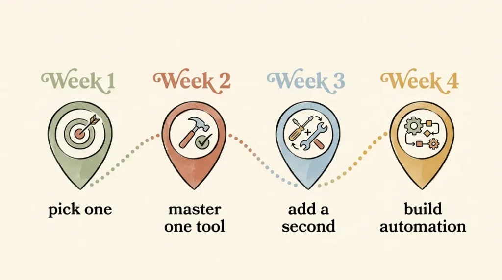 Four-week roadmap illustration for solopreneurs starting with AI, from picking one area to building a complete automation.