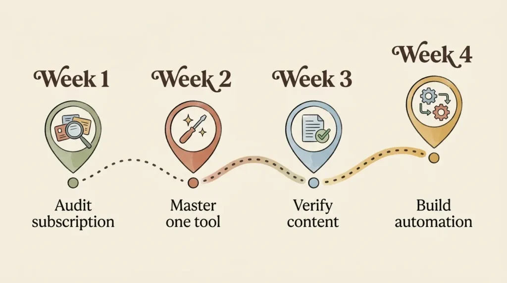 Four-week roadmap illustration showing the 30-day AI reset plan to fix small business AI mistakes, from auditing tools to building one good workflow.
