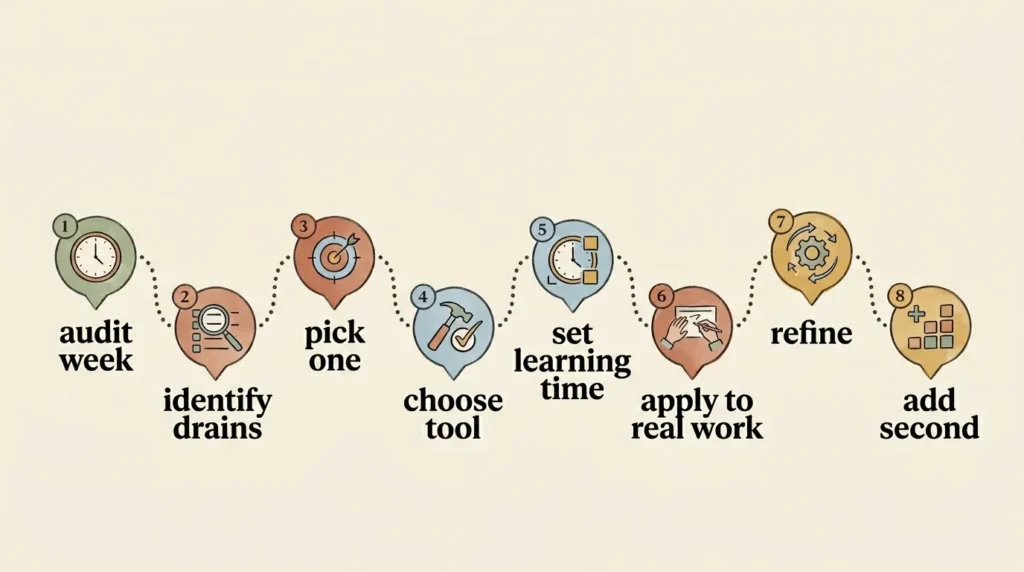 Eight-step illustrated roadmap for setting up your first AI workflow as a one-person business owner, from time audit to expansion.
