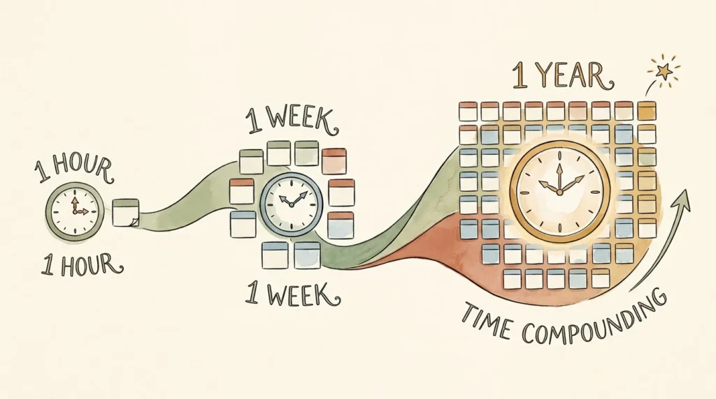 Illustration showing how one hour saved per day compounds to over 250 hours of recovered time per year for solopreneurs using AI.