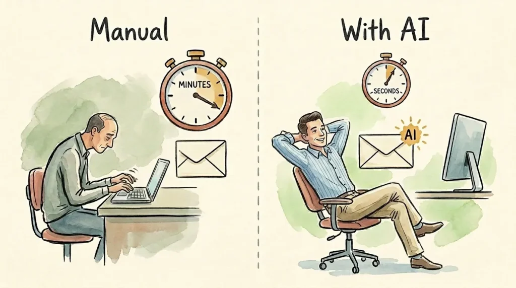 Side-by-side illustration showing email drafting time before and after using AI, dropping from 8 minutes to 90 seconds per email.