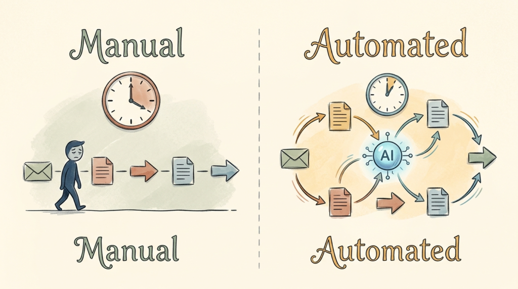 Side-by-side comparison of a manual workflow versus an AI-automated workflow, showing time savings and reduced manual steps.