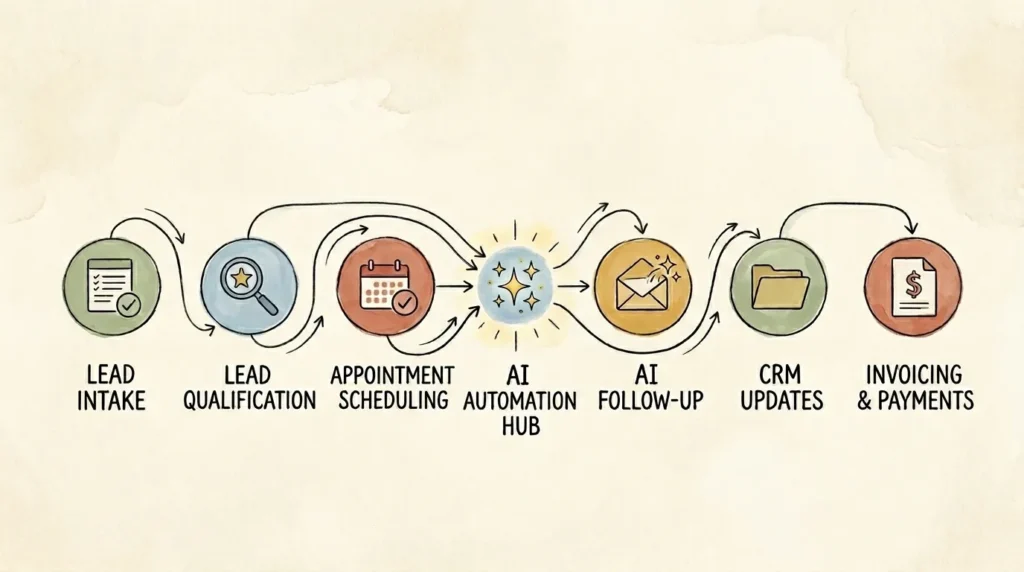 Illustration of stacked AI automation workflows for solopreneurs, showing lead capture, qualification, scheduling, and follow-up linked together.