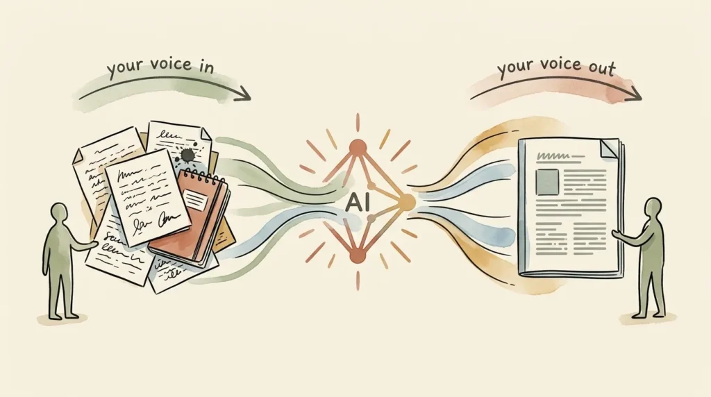 Illustration showing how one-person business owners maintain an authentic brand voice while using AI for content creation.