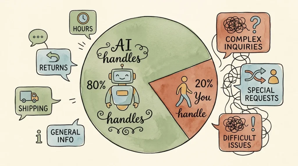Illustration showing how AI chatbots handle 80% of routine customer questions while solopreneurs handle the complex 20%.