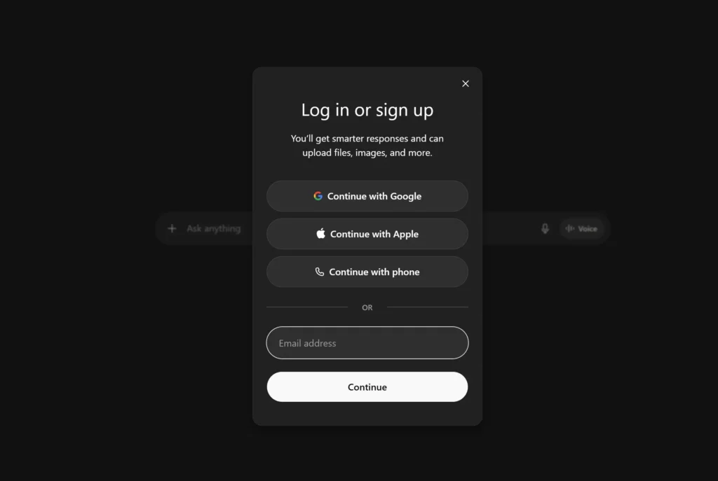 Image ofChatGPT login or signup prompt once arriving to chatgpt.com.
