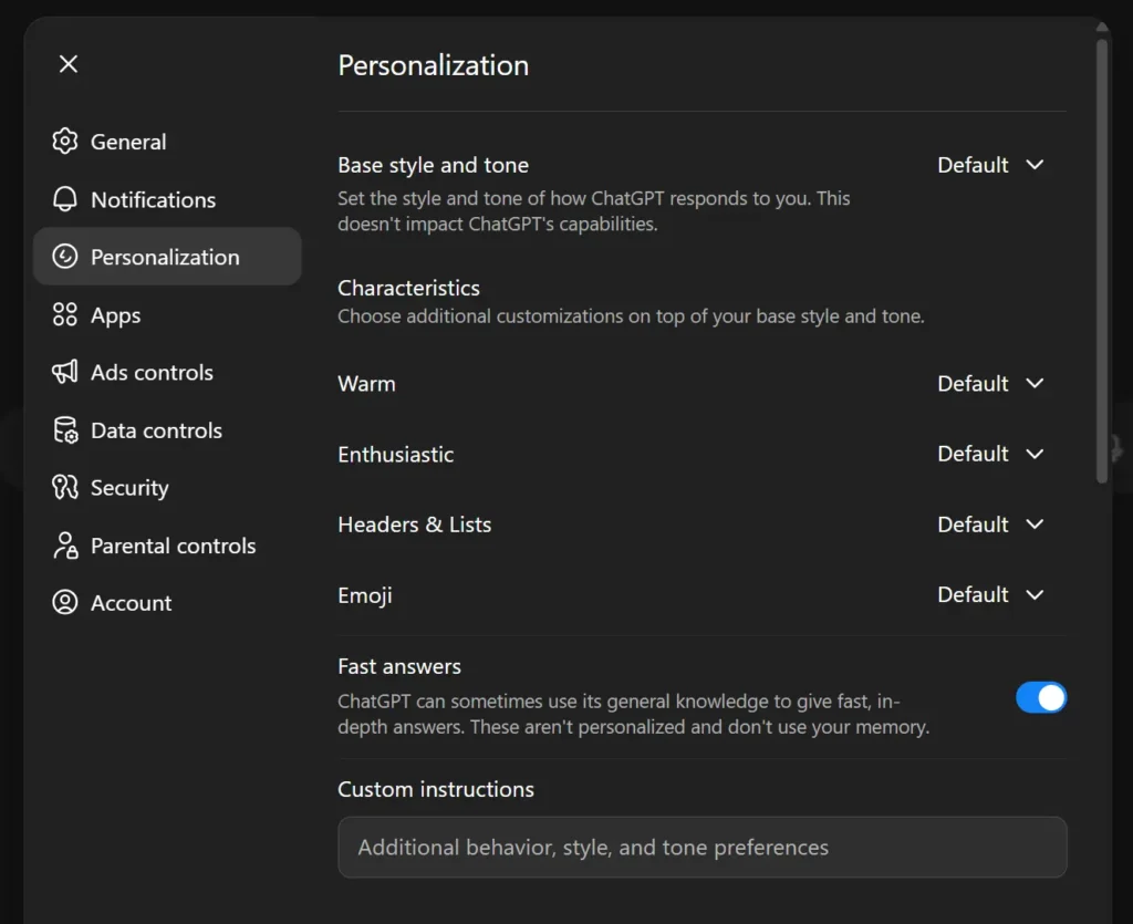 ChatGPT Personalization settings showing Base style and tone, Characteristics options, and Custom instructions field for small business setup.