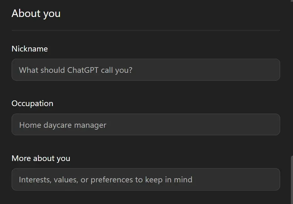 ChatGPT About you section showing Nickname, Occupation, More about you fields, and Memory settings for personalized small business use.