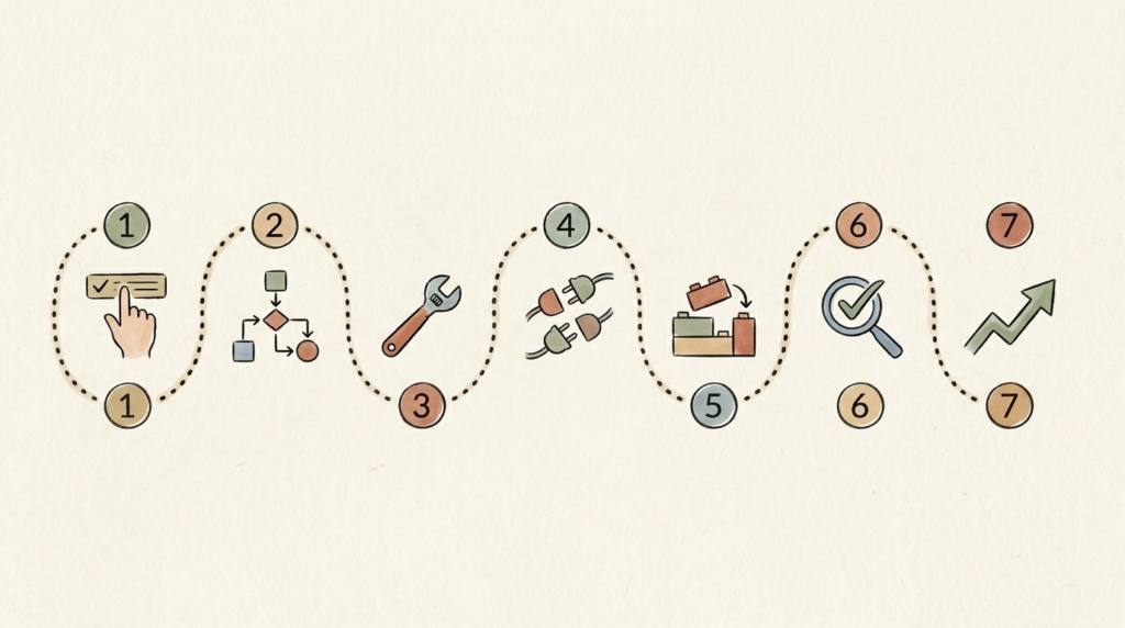 Seven-step illustrated roadmap for setting up your first AI automation workflow, from identifying tasks to refining and expanding.