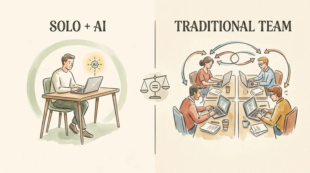 Illustration showing how one solo operator using AI achieves the operational output of a four to five person team in 2026.