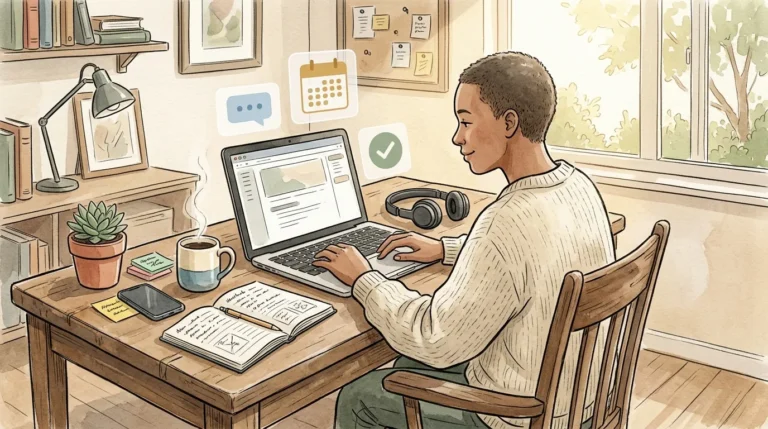 Solopreneur working at a home office desk with AI tools visible, representing the modern one-person business workflow.