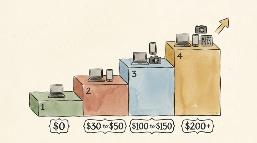 Staircase illustration showing solopreneur AI tool stacks at four budget levels, from free starter stack to maxed-out at $200+ per month.