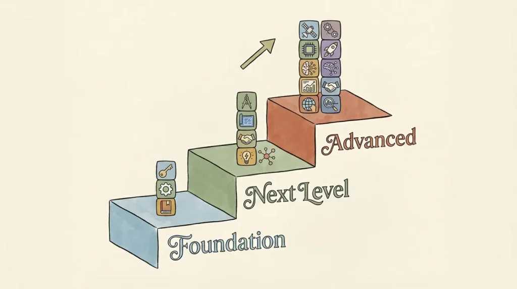 Staircase illustration showing the one-person business AI tech stack at three budget levels, from foundation tools to advanced automation.