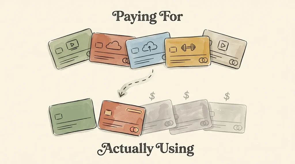 Illustration showing how small businesses pay for multiple AI subscriptions but only use a small percentage of them.