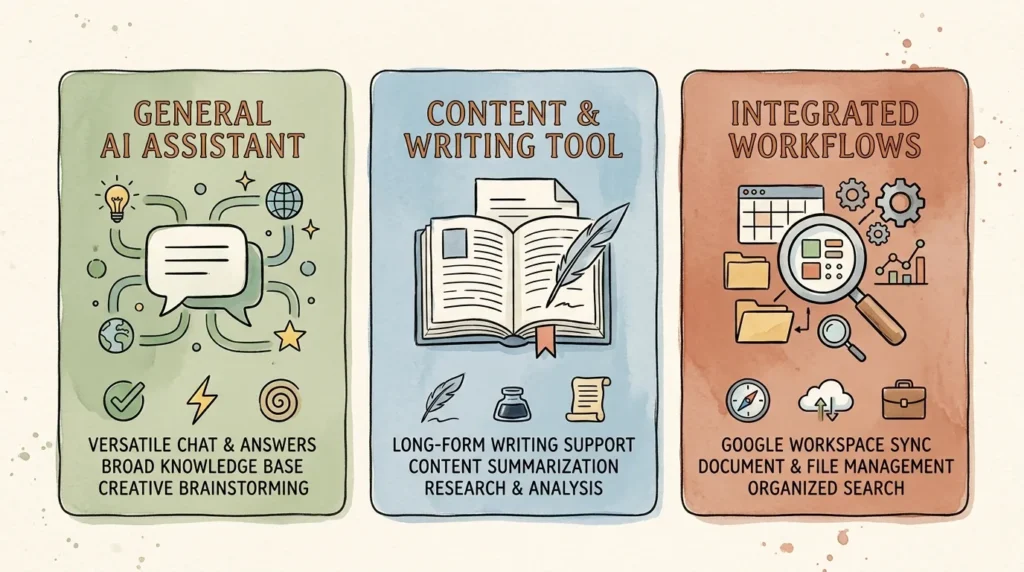 Three-way comparison illustration of ChatGPT, Claude, and Gemini for small business use, showing strengths and ideal use cases.