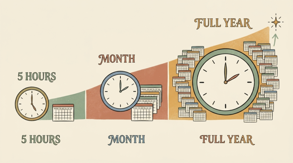 Illustration showing how small AI automation time savings compound to over 250 hours per year for a typical small business.