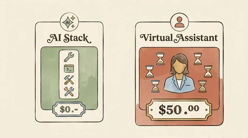 Side-by-side cost comparison illustration showing AI tools at $50 to $200 monthly versus a virtual assistant at $1500 to $3000 monthly for one-person businesses.