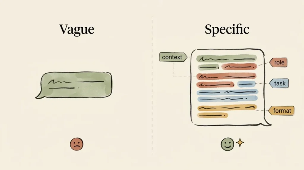 Side-by-side comparison of a bad ChatGPT prompt and a great ChatGPT prompt, showing how specificity improves AI output quality.