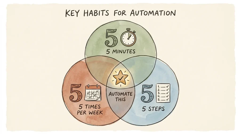 Illustration of the 5-5-5 rule showing the three criteria for tasks worth automating: five minutes, five times a week, five predictable steps.