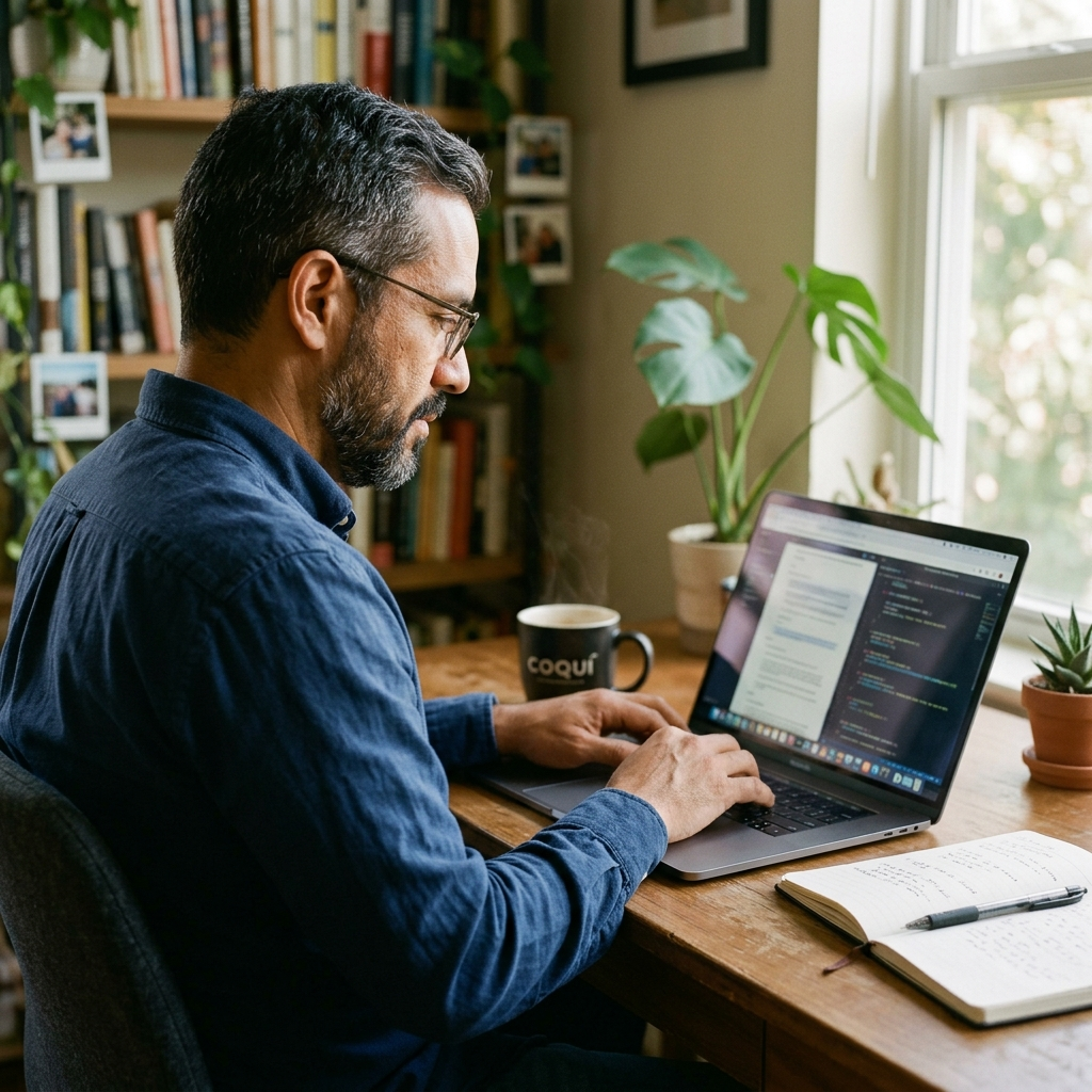 Small business owner working at a laptop in a warm home office, exploring AI tools for his business.