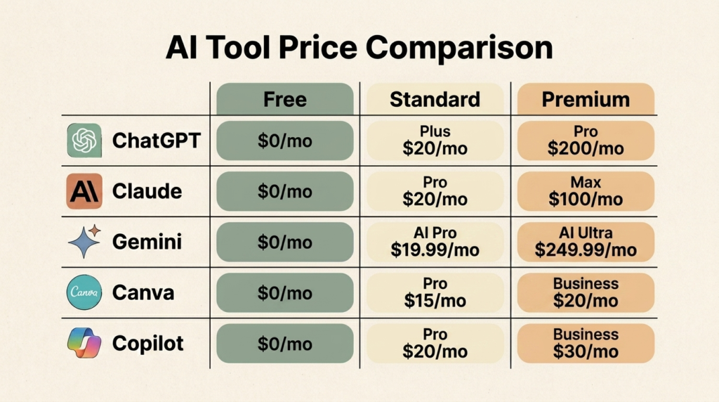Pricing tier breakdown for AI tools showing free, starter ($50), and mid-range ($100 to $300) options for small businesses.