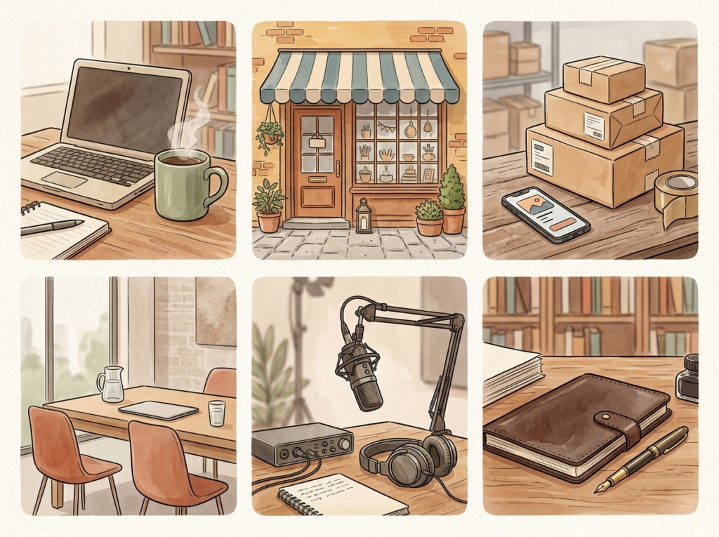 Six illustrated tiles showing how different small business types use AI, from local shops to ecommerce and professional services.