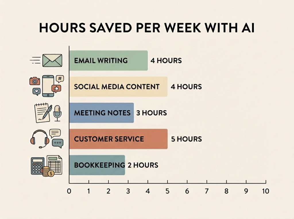 Bar chart showing hours saved per week using AI for small business tasks like email, social media, and bookkeeping.
