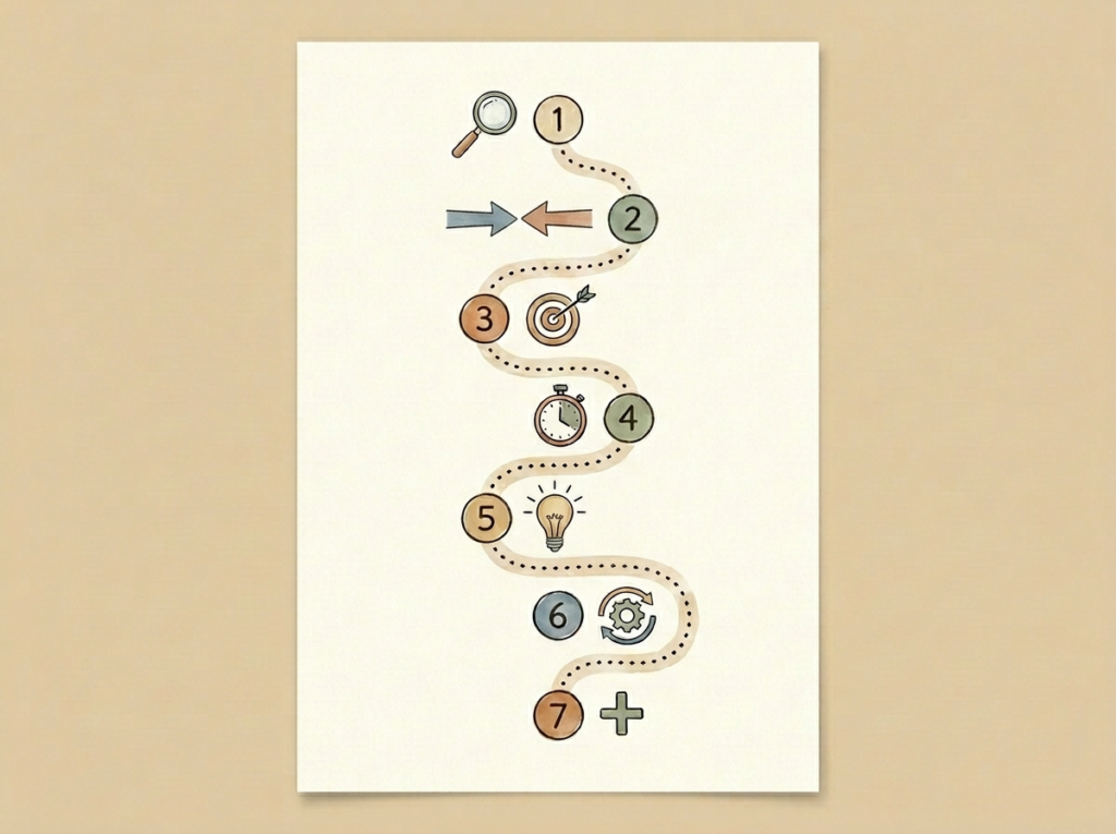 Vertical roadmap illustration showing the seven steps for getting started with AI in a small business.
