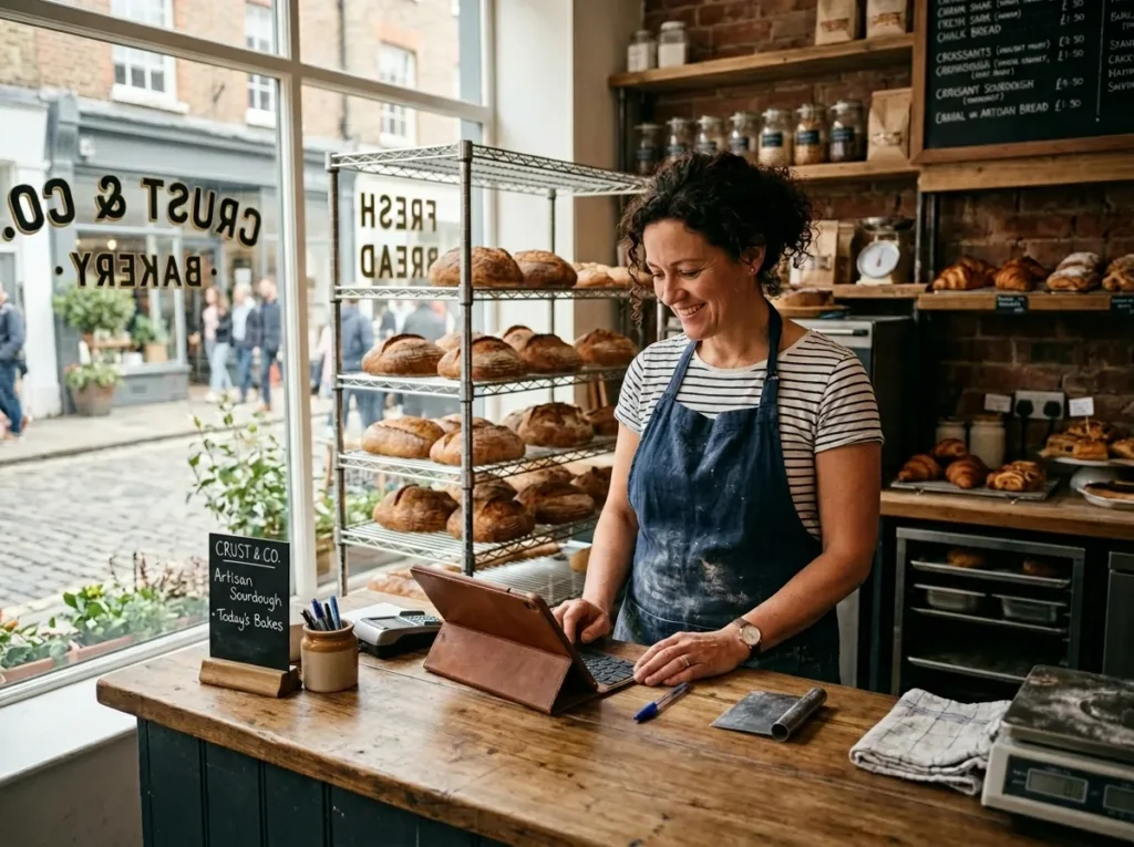 Small business owner using a tablet at her bakery counter, learning how to use AI for small business operations like inventory and customer engagement.